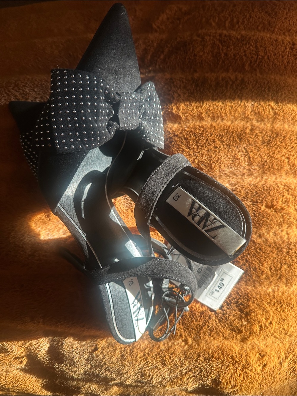 ZARA Black Pointed Toe Bow Studded-Heel Slingback Sandals